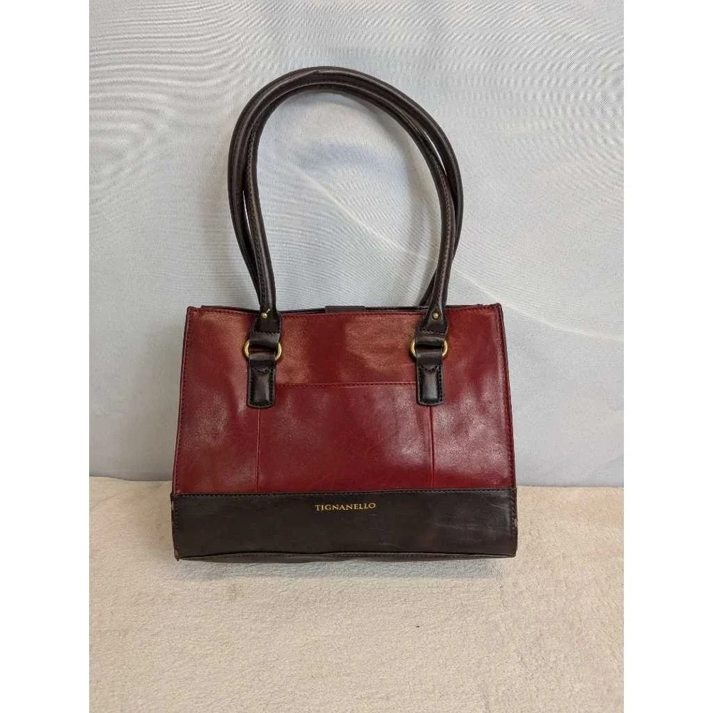 Tignanello Burgundy Brown Leather Tote Bag Double Handle Shoulder‎ Bag Classic